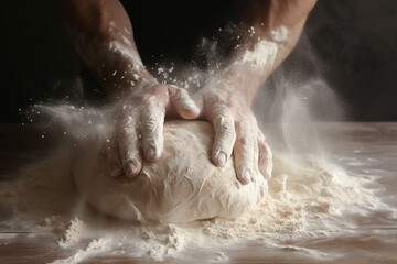 Fototapeta premium flour and men hands with flour splash. Cooking bread. Kneading the Dough