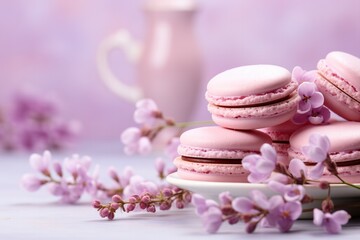 A stack of pink macarons on a white plate complemented by delicate purple lilac flowers against a...