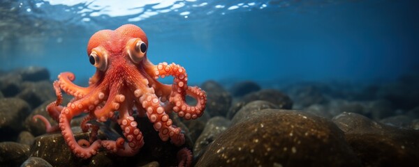A vibrant red octopus with extended tentacles sits atop sea rocks underwater, with a clear blue ocean background - obrazy, fototapety, plakaty