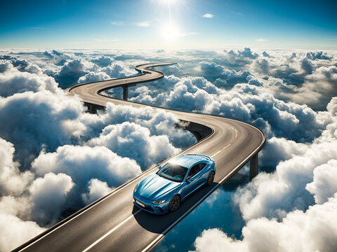 A car driving on a winding road between the clouds, indicating the concept of the difficulty of reaching the goal