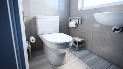 Fototapeta na wymiar A contemporary bathroom with a white toilet and a gray wall