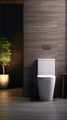 A modern bathroom with a white toilet and a gray wall with a green plant