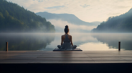 Young woman in serene meditation pose on wooden pier overlooking calm lake at sunrise, Capture peaceful ambiance and soft morning light, AI Generated - obrazy, fototapety, plakaty