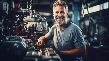 Portrait of senior mechanic repairing machine units in workshop of modern factory
