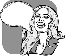 Beautiful young woman talk. Empty speech bubble for sale promotion, text background, quotes. Hand drawn illustration, cartoon comic style vector.