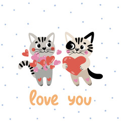 Vector drawing with two cats and inscriptions. Suitable for printing on T-shirts, Valentine's Day cards, etc.