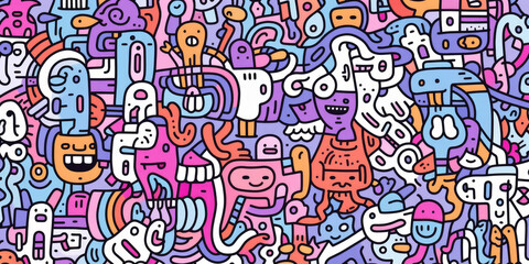 Whimsical Fusion: Abstract and colorful shapes converge in playful doodles, forming a vibrant and expressive illustration of an imaginative and lively face - obrazy, fototapety, plakaty