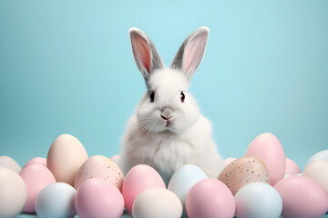 Easter bunny with colored eggs on soft blue background