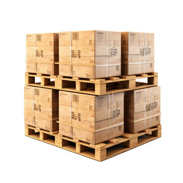 Cardboard boxes on pallets isolated on white or transparent background
