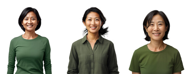 Set of Asian women smiling in green clothes, cut out - stock png.