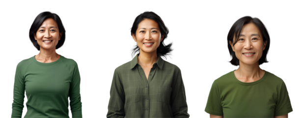 Set of Asian women smiling in green clothes, cut out - stock png.