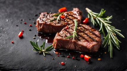 Grilled beef steak on a black stone plate. Eat with red wine, herbs, spices, salt, rosemary, pepper. Enjoy of eating. Deliciousness and perfect taste
