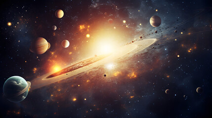 Planetary system with various planets orbiting a sun. - obrazy, fototapety, plakaty