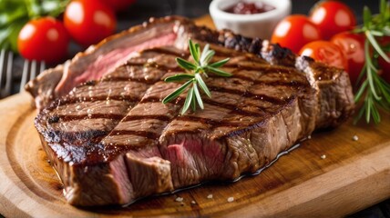 Grilled beef steak on a white plate. Eat with red wine, herbs, spices, salt, rosemary, pepper. Enjoy of eating. Deliciousness and perfect taste