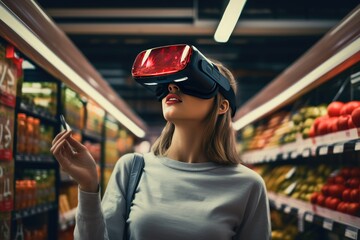 Woman wearing virtual reality glasses shopping at supermarket, new modern technology of integrated reality Online shopping and ecommerce concept. - obrazy, fototapety, plakaty