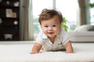 Fototapeta premium baby crawling on a carpeted floor in a living room, clear facial features, happy mood, natural light