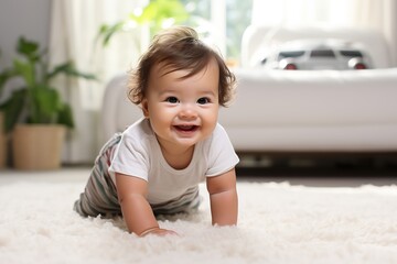 baby crawling on a carpeted floor in a living room, clear facial features, happy mood, natural light