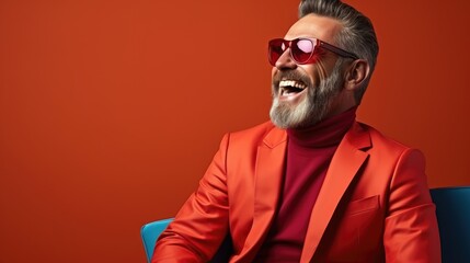 Happy middle aged man in red suit Wear sunglasses and extravagant style. Laugh and smile happily.