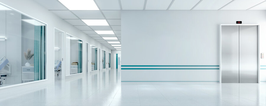 Panorama view of hospital interior.3d rendering