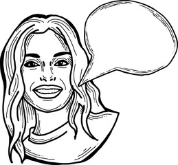 Beautiful young woman talk. Empty speech bubble for sale promotion, text background, quotes. Hand drawn illustration, cartoon comic style vector.