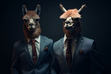 Anthropomorphic Alpacas in Suits on Dark Background
