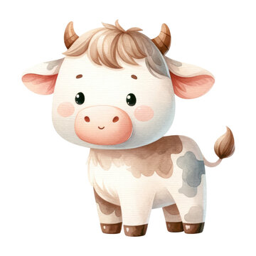 Watercolor Cute Farm Animal. Adorable Ox Clipart. Livestock Animal Concept. Watercolor Domestic Animal Illustration.