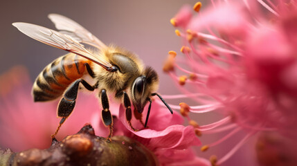 close up of a bee gathers pollen from a pink spring flower - obrazy, fototapety, plakaty