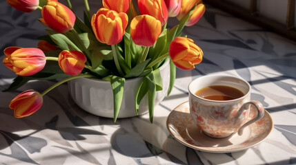 Fototapeta na wymiar cup of coffee and a tulip bouquet on the marble table, international women's day morning