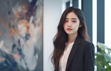 A woman standing in front of a painting