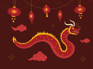 Chinese Lunar New Year, year of the Dragon zodiac sign vector illustration, hanging paper lanterns, oriental clouds, red lamps decorations, Happy Vietnamese new year, Japanese dragon art