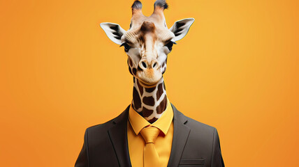 Naklejki  A giraffe in a business suit and tie on a yellow background 