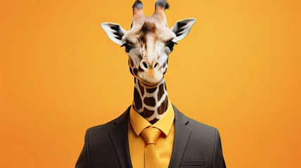 Gordijnen A giraffe in a business suit and tie on a yellow background  © Tereza