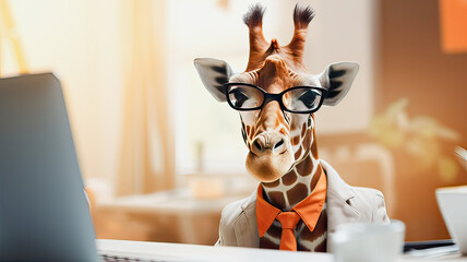 A giraffe in a business suit and tie on a  
