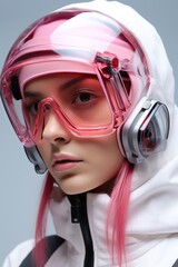 adult young female woman cyberpunk realism,close-up shots cute and dreamy porcelaincandid portraiture mechanizedforms goggles woman wearing stylish glasses helmet futuristic uniform technology suit