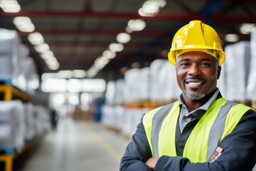 A modern large factory with containers in the background, one worker with a hard hat on their head with his arms folded confidently looking at us and smiling