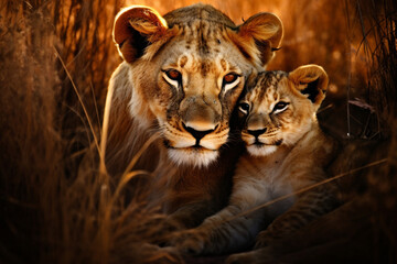 Predator´s love. Lioness and cub