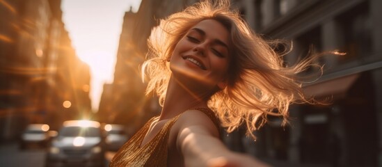 joyful lifestyle Low angle wideshot of A captivating image of group woman dancing in the middle of the city street close-up surrounded by the warm enchanting glow of golden hour lighting carefree - obrazy, fototapety, plakaty