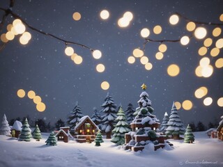 Santa Claus on the snowy roof of a house in a wintry Christmas night landscape with a decorated tree and shining stars