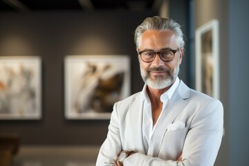 Obraz premium A man in a white suit and glasses standing with his arms crossed