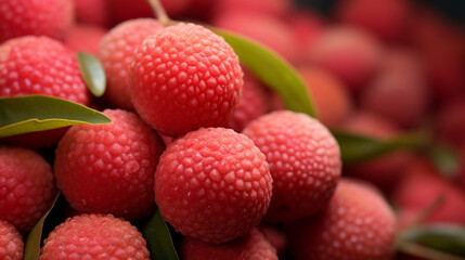Bunch of fresh red lychees with green leaves, AI Generated