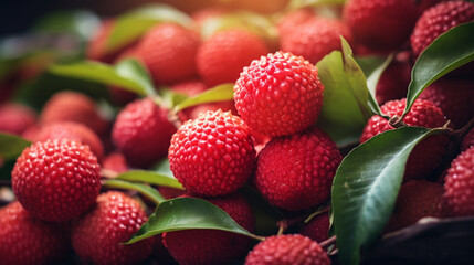 Bunch of fresh red lychees with green leaves, AI Generated - Powered by Adobe