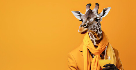 Naklejka premium on a yellow background, a giraffe in a business suit and a scarf tie 