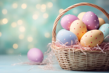 Fototapeta na wymiar basket with colored eggs on blue soft background, easter concept