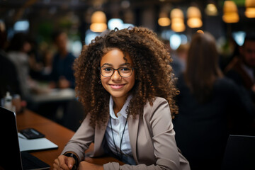 Portrait of happy young professional business teenager girl sit in office looking at camera, smiling just graduated from university student. Scholarship and success job profession opportunity concept.