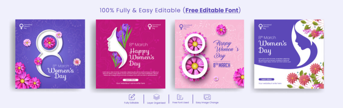 set of international womens day 8 march social media post banner editable template pack with realistic flower female illustration and 3d  floral invitaion greeting card background design bundle