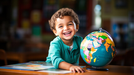 A young child smiling while exploring a colored globe, joyful moment - obrazy, fototapety, plakaty