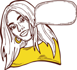 Beautiful young woman talk. Empty speech bubble for sale promotion, text background, quotes. Hand drawn illustration, cartoon comic style vector.