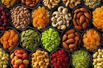 colorful dried fruits, assorted nuts and seeds background. mixed raw food for snacking, top view. generative ai.