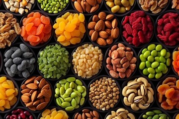 colorful dried fruits, assorted nuts and seeds background. mixed raw food for snacking, top view. generative ai. - obrazy, fototapety, plakaty