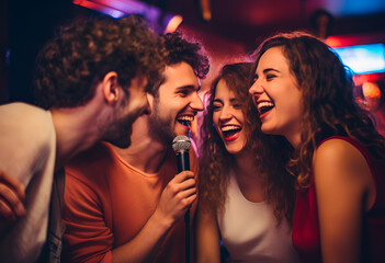 Friends engaged in a pajama party karaoke session, happy joyful people singing with a mic and colorful background